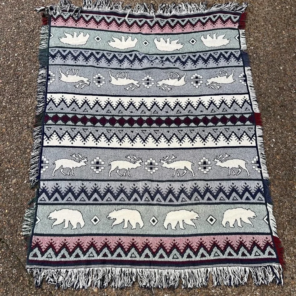 Vintage‎ Geometric Animal Woven Fringe Tapestry Blanket Cabin Lodge